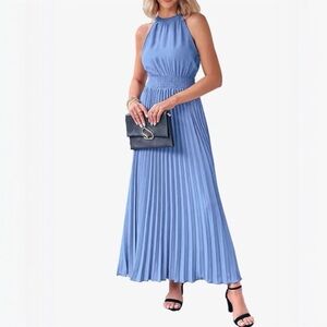 PRETTYGARDEN Halter Neck Sleeveless Pleated Periwinkle Blue Maxi Dress Size Med